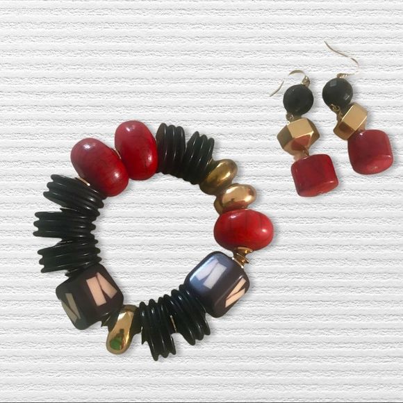 Jewelry - Art Deco - Bracelet & Pierced Earring Set Red/Black/Gold